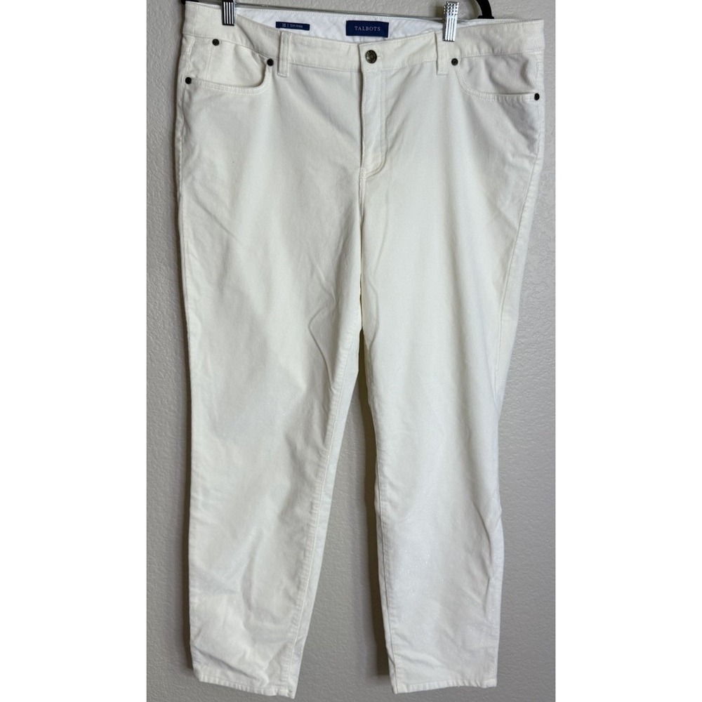 Talbots Womens 16 Slim Ankle Pants White Shimmer Corduroy Metallic Stretch Chic